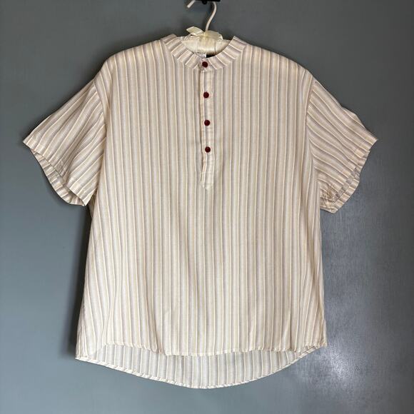 Men's XL White Striped Cotton Blend Mandarin Collar Beach Shirt Button Up Hippie - Picture 1 of 8